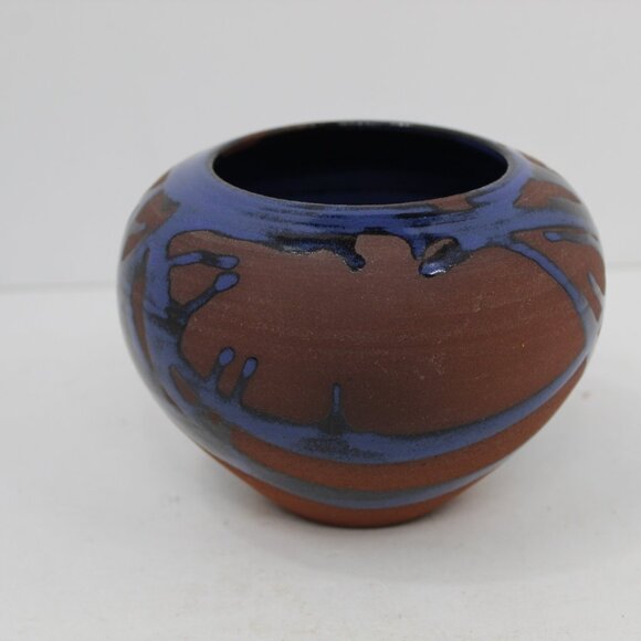Vintage Tenmoku Redware Blue Glaze Drip Pottery Vase Signed Jon Mehr Vase - Picture 2 of 5